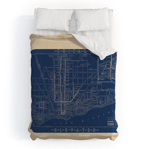 Society6 Design Studio Chicago Elevated Map 1913 Blue Duvet Cover