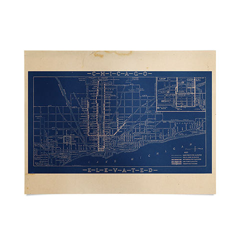 Society6 Design Studio Chicago Elevated Map 1913 Blue Poster