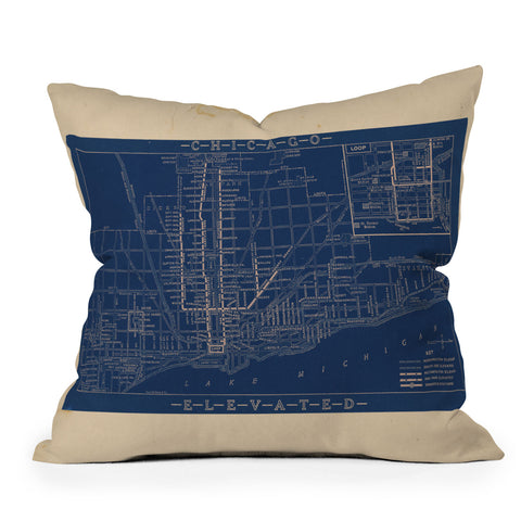 Society6 Design Studio Chicago Elevated Map 1913 Blue Outdoor Throw Pillow
