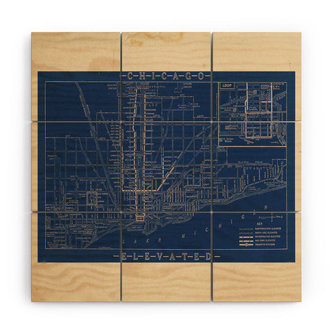 Society6 Design Studio Chicago Elevated Map 1913 Blue Wood Wall Mural