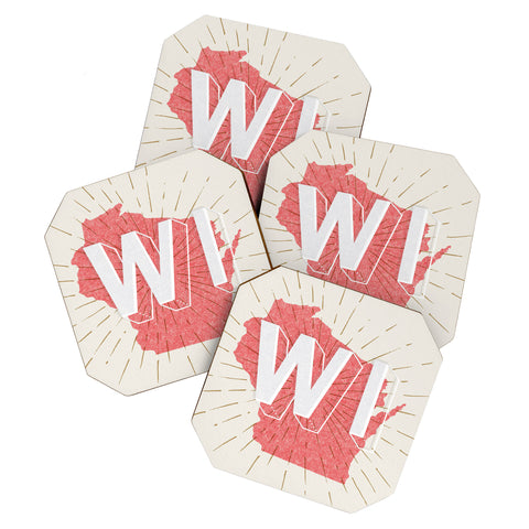 Society6 Design Studio State Abbreviation Prints WI Red Wht Coaster Set