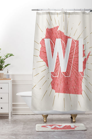Society6 Design Studio State Abbreviation Prints WI Red Wht Shower Curtain And Mat