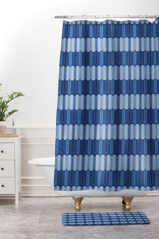 Society6 Design Studio Stripe Block Dazzling Blue Shower Curtain And Mat