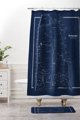 Society6 Design Studio Yonkers Vintage Map Blue Shower Curtain And Mat