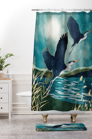 SpaceFrogDesigns Evening Heron Shower Curtain And Mat