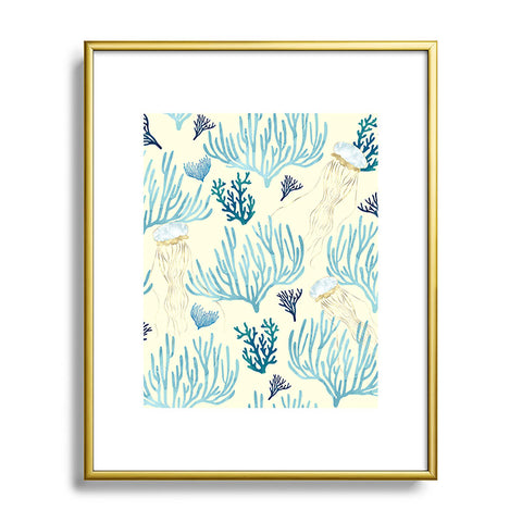 SpaceFrogDesigns Jellyfish and Coral Yellow Metal Framed Art Print