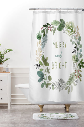 Stephanie Corfee Merry Bright Watercolor Wreath Shower Curtain And Mat