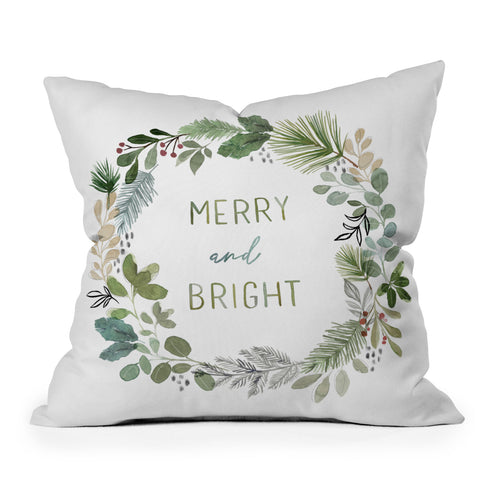 Stephanie Corfee Merry Bright Watercolor Wreath Outdoor Throw Pillow