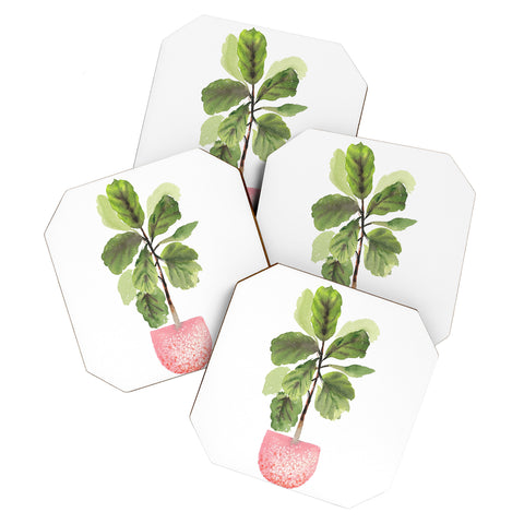 Summer Sun Home Art FiddleLeaf Fig Watercolor Coaster Set