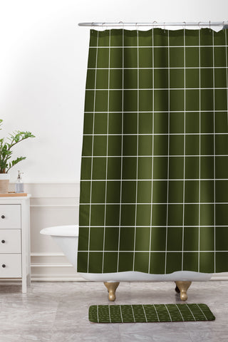 Summer Sun Home Art Grid Olive Green Shower Curtain And Mat