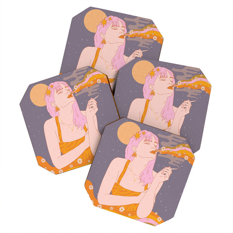 Sundry Society Woman Smoking Daisy Flowers Coaster Set