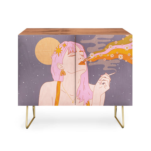 Sundry Society Woman Smoking Daisy Flowers Credenza