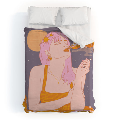 Sundry Society Woman Smoking Daisy Flowers Duvet Cover