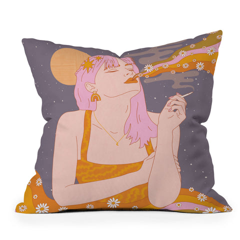 Sundry Society Woman Smoking Daisy Flowers Throw Pillow