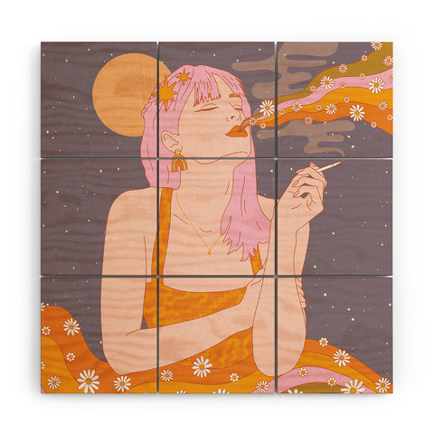 Sundry Society Woman Smoking Daisy Flowers Wood Wall Mural