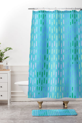 SunshineCanteen Blue Kantha Stripes Shower Curtain And Mat