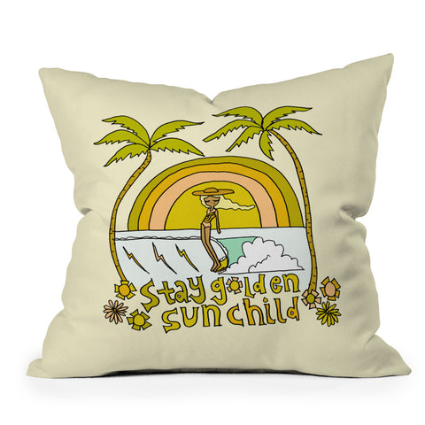 surfy birdy stay golden sun child retro surf Outdoor Throw Pillow