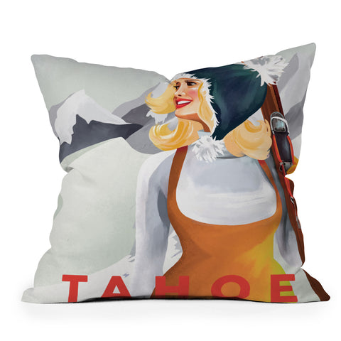 The Whiskey Ginger Apres Tahoe Cute Retro Pinup Girl Outdoor Throw Pillow