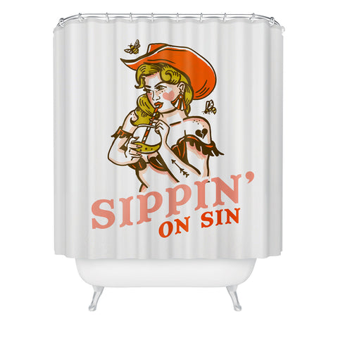 The Whiskey Ginger Sippin On Sin Retro Cowgirl Shower Curtain