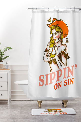 The Whiskey Ginger Sippin On Sin Retro Cowgirl Shower Curtain And Mat