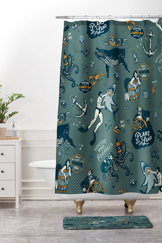 The Whiskey Ginger Vintage Ocean Pattern Shower Curtain And Mat