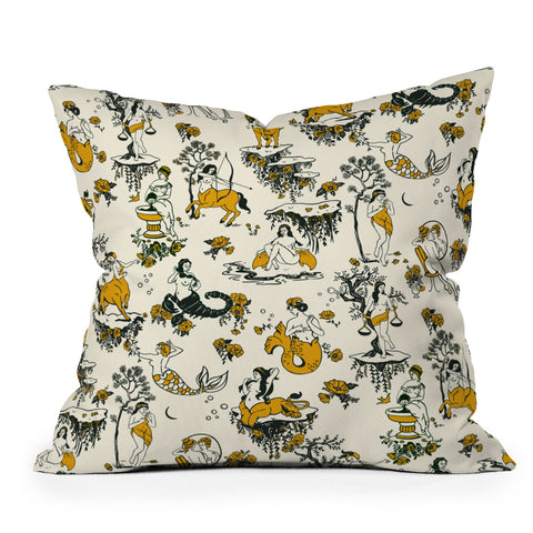 The Whiskey Ginger Zodiac Toile Pattern With Cream Outdoor Throw Pillow