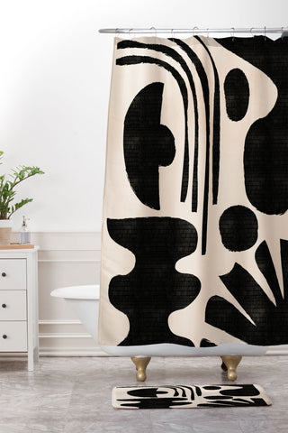 thespacehouse Abstract MidCentury Modern Black Shower Curtain And Mat