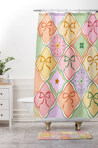 thespacehouse Bows on Colorful Patchwork Shower Curtain And Mat