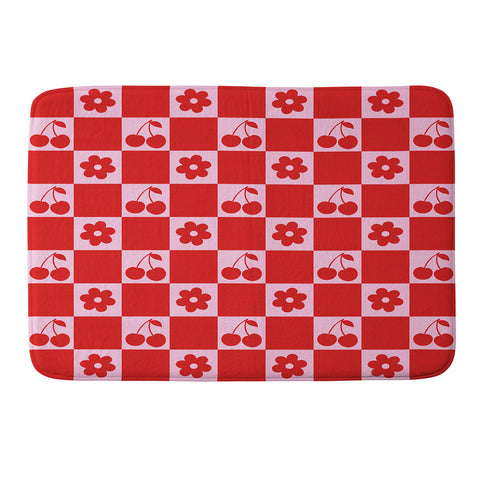 thespacehouse Cherry Flowers Pink Red Checker Memory Foam Bath Mat