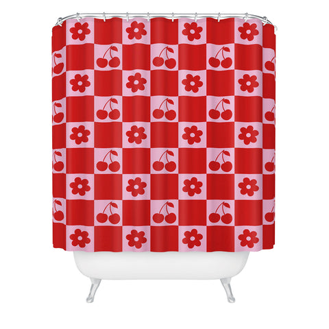 thespacehouse Cherry Flowers Pink Red Checker Shower Curtain