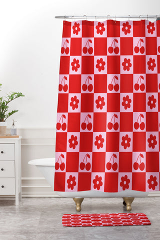 thespacehouse Cherry Flowers Pink Red Checker Shower Curtain And Mat