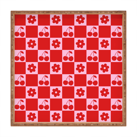 thespacehouse Cherry Flowers Pink Red Checker Square Tray