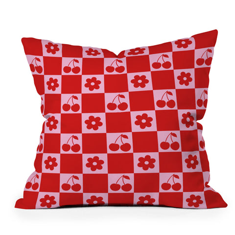thespacehouse Cherry Flowers Pink Red Checker Outdoor Throw Pillow