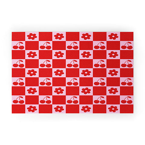 thespacehouse Cherry Flowers Pink Red Checker Welcome Mat