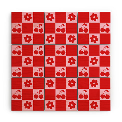 thespacehouse Cherry Flowers Pink Red Checker Wood Wall Mural
