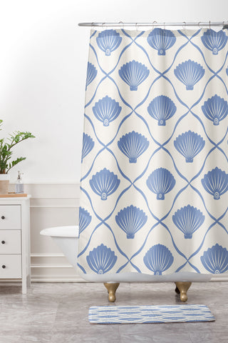 thespacehouse Coastal Ocean Blue Seashells Shower Curtain And Mat