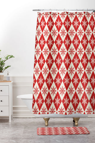 thespacehouse Festive Red White Snowflake Shower Curtain And Mat