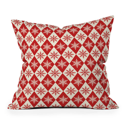 thespacehouse Festive Red White Snowflake Outdoor Throw Pillow