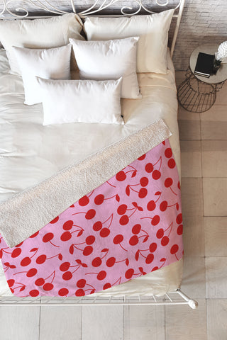 thespacehouse Pink Red Cherries Fleece Throw Blanket