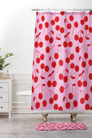 thespacehouse Pink Red Cherries Shower Curtain And Mat