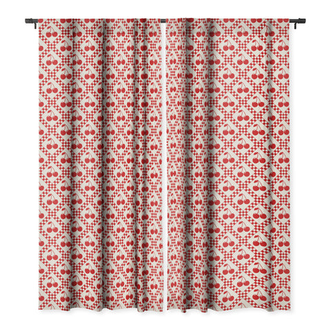 thespacehouse Red Cherries Beige Checker Blackout Window Curtain