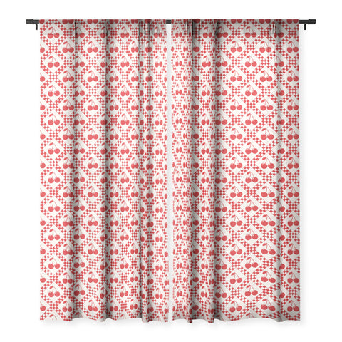 thespacehouse Red Cherries Beige Checker Sheer Window Curtain