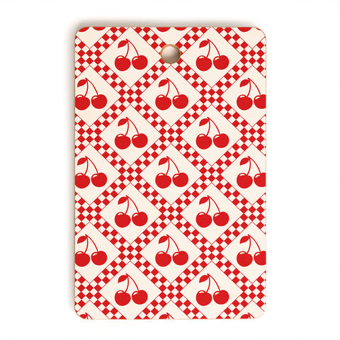 thespacehouse Red Cherries Beige Checker Cutting Board Rectangle
