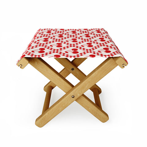 thespacehouse Red Cherries Beige Checker Folding Stool