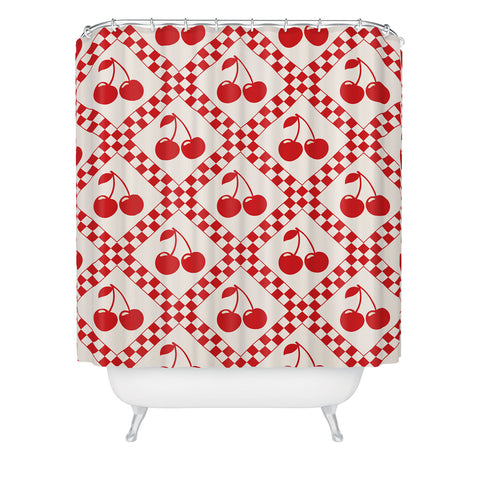 thespacehouse Red Cherries Beige Checker Shower Curtain