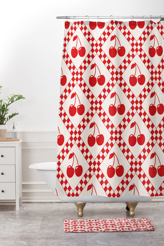 thespacehouse Red Cherries Beige Checker Shower Curtain And Mat