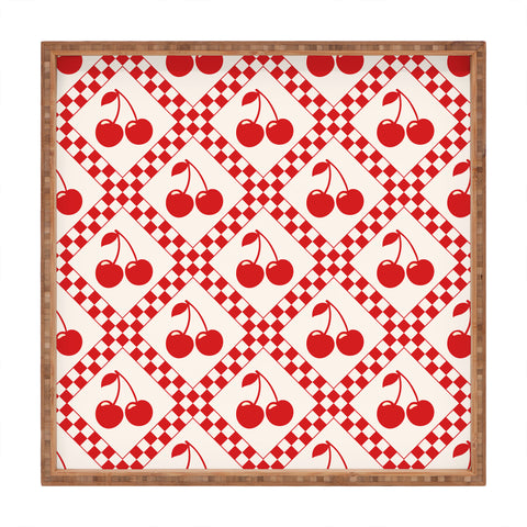 thespacehouse Red Cherries Beige Checker Square Tray