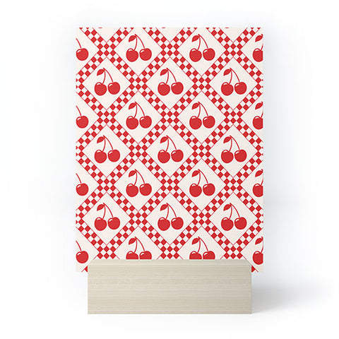 thespacehouse Red Cherries Beige Checker Mini Art Print