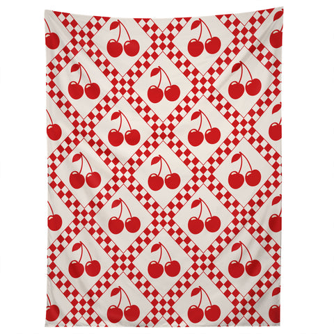 thespacehouse Red Cherries Beige Checker Tapestry