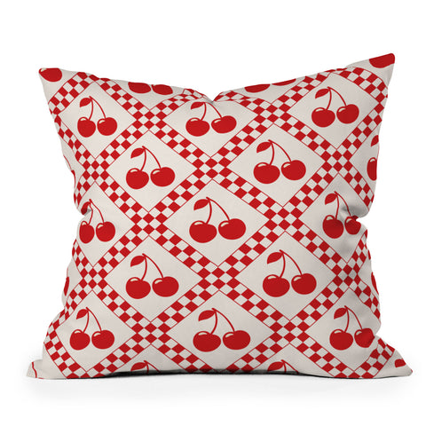 thespacehouse Red Cherries Beige Checker Throw Pillow